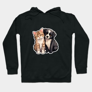Cute Ginger Tabby Cat and Black and White Puppy Buddies Hoodie